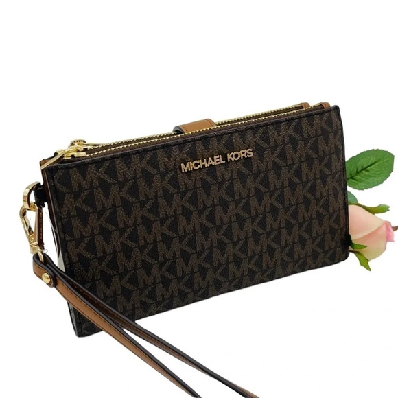 Michael Kors Large Double Zip Wallet Wristlet Brown/Gold - Picture 1 of 8